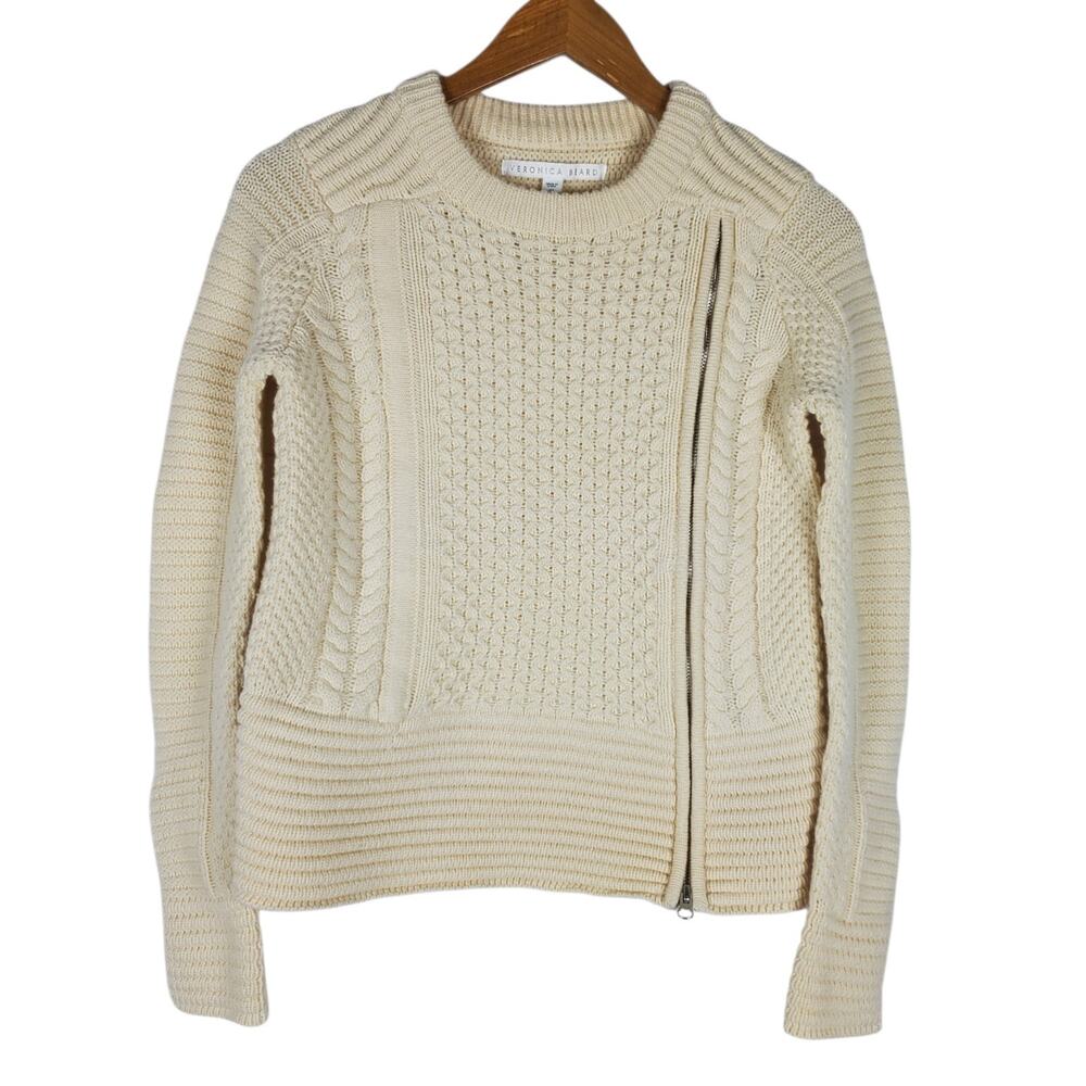 Veronica Beard Wool Cable Knit Zipper Fisherman Sweater XS Beige Moto Long Sleev
